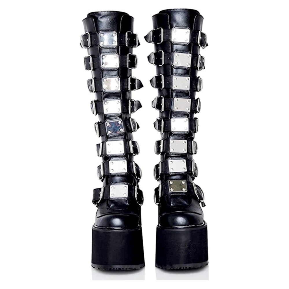 Womens Chunky Platform Mid Calf Boots Round Toe Gothic Multi Band Punk Boots.